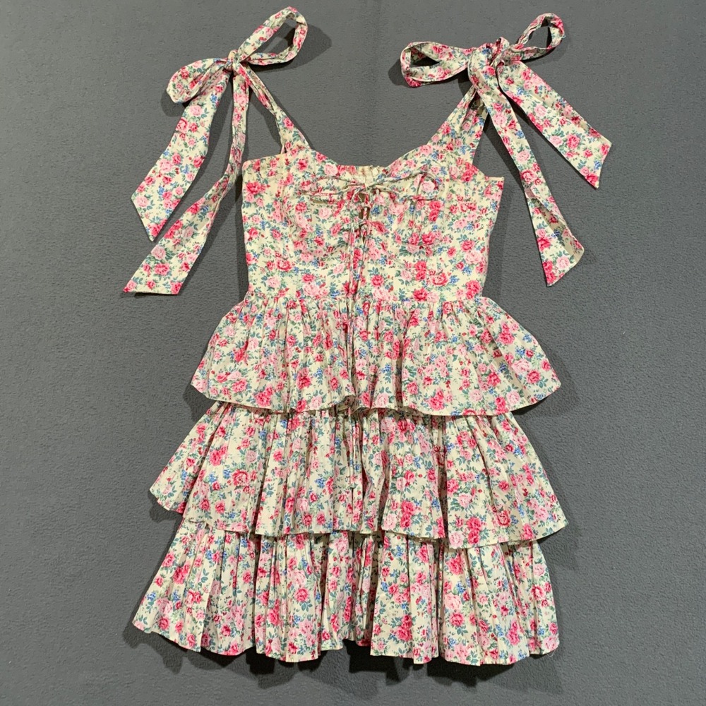 Mable Floral Tiered Mini Dress Womens Size Medium Pink Cotton Ruffle Cottagecore